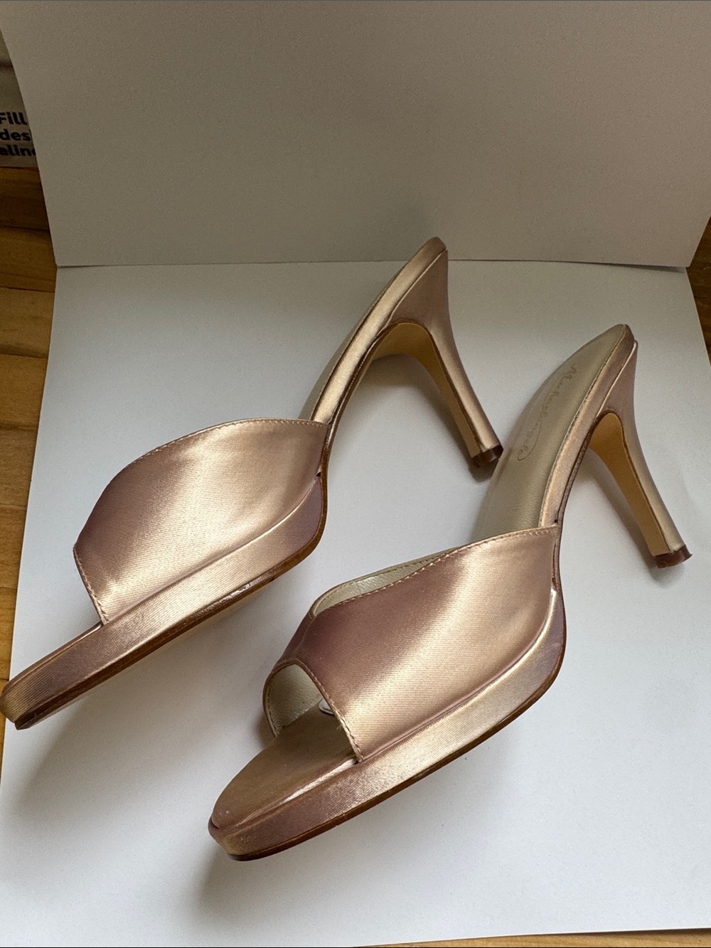 Michaelangelo Metallic Rose Gold Satin Slide Heels